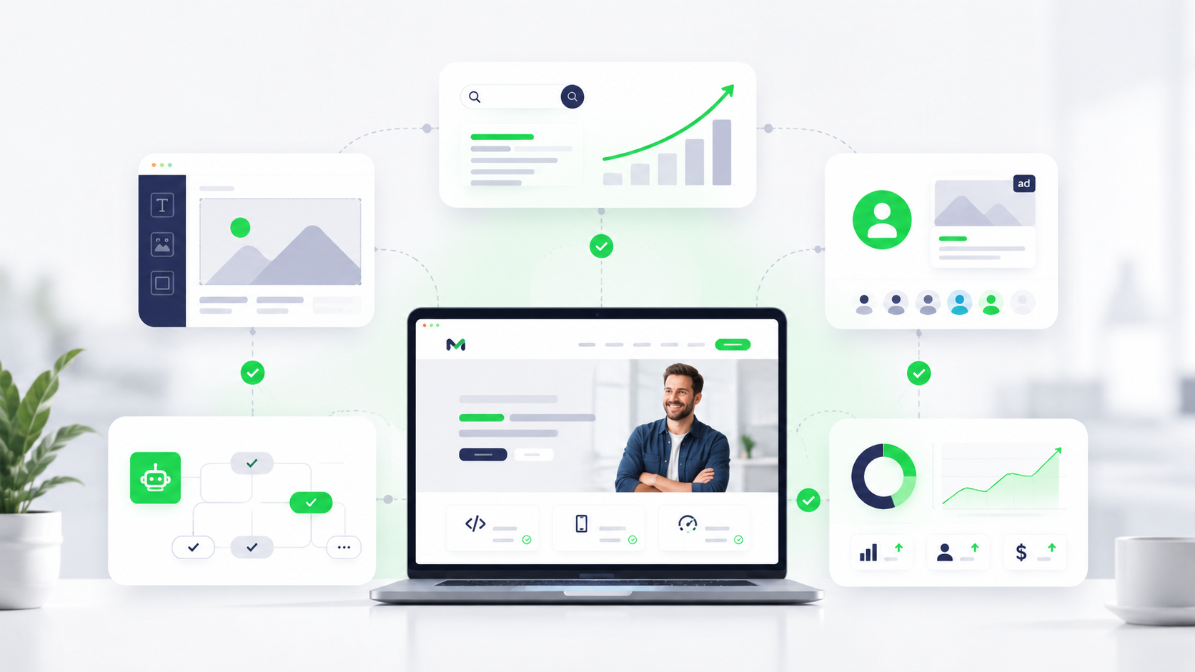 Visual van websites, SEO, advertenties, automatisering en analytics in een centraal online groeiplatform